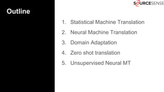 Outline
1. Statistical Machine Translation
2. Neural Machine Translation
3. Domain Adaptation
4. Zero shot translation
5. Unsupervised Neural MT
 