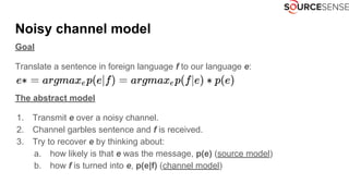Noisy channel model
Goal
Translate a sentence in foreign language f to our language e:
The abstract model
1. Transmit e over a noisy channel.
2. Channel garbles sentence and f is received.
3. Try to recover e by thinking about:
a. how likely is that e was the message, p(e) (source model)
b. how f is turned into e, p(e|f) (channel model)
 