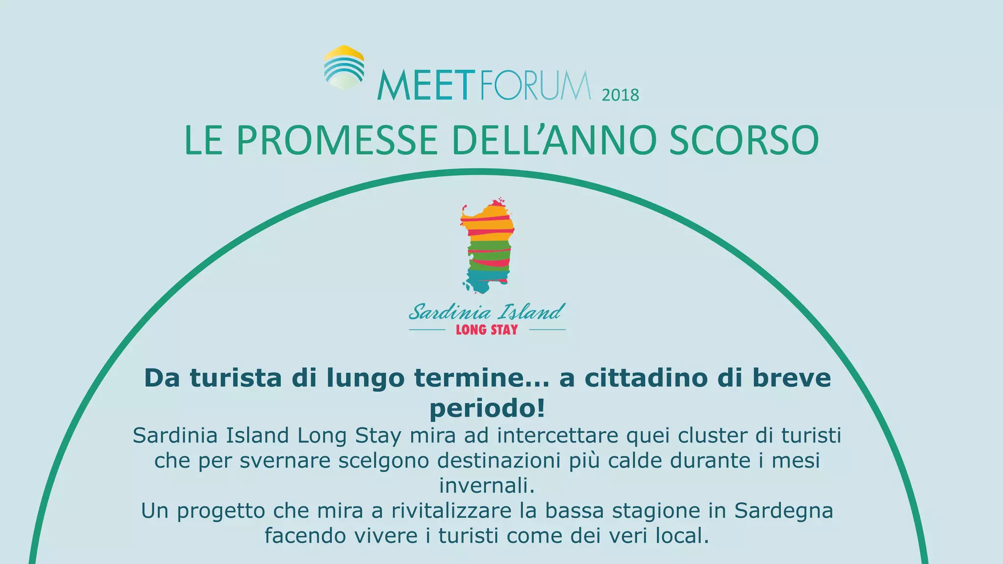 LE	PROMESSE	DELL’ANNO	SCORSO
2018
Da turista di lungo termine… a cittadino di breve
periodo!
Sardinia Island Long Stay mira ad intercettare quei cluster di turisti
che per svernare scelgono destinazioni più calde durante i mesi
invernali.
Un progetto che mira a rivitalizzare la bassa stagione in Sardegna
facendo vivere i turisti come dei veri local.
 