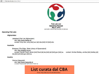 List curata dal CBA
Fonte: http://fab.cba.mit.edu/about/labs/

 