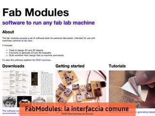 FabModules: la interfaccia comune
Fonte: http://kokompe.cba.mit.edu/

 