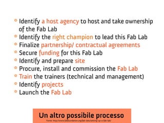* Identify a host agency to host and take ownership
of the Fab Lab
* Identify the right champion to lead this Fab Lab
* Finalize partnership/ contractual agreements
* Secure funding for this Fab Lab
* Identify and prepare site
* Procure, install and commission the Fab Lab
* Train the trainers (technical and management)
* Identify projects
* Launch the Fab Lab

Un altro possibile processo
Fonte: http://www.fabfoundation.org/fab-labs/setting-up-a-fab-lab/

 