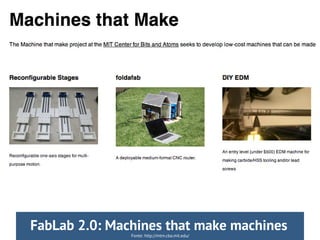 Fonte: http://mtm.cba.mit.edu/
FabLab 2.0: Machines that make machines
 