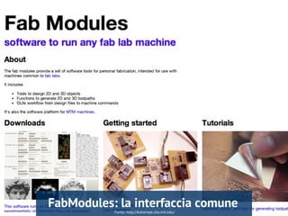 Fonte: http://kokompe.cba.mit.edu/
FabModules: la interfaccia comune
 