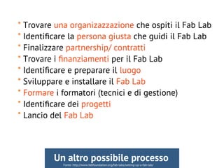 * Trovare una organizazzazione che ospiti il Fab Lab
* Identifcare la persona giusta che guidi il Fab Lab
* Finalizzare partnership/ contratti
* Trovare i fnanziamenti per il Fab Lab
* Identifcare e preparare il luogo
* Sviluppare e installare il Fab Lab
* Formare i formatori (tecnici e di gestione)
* Identifcare dei progetti
* Lancio del Fab Lab
Fonte: http://www.fabfoundation.org/fab-labs/setting-up-a-fab-lab/
Un altro possibile processo
 