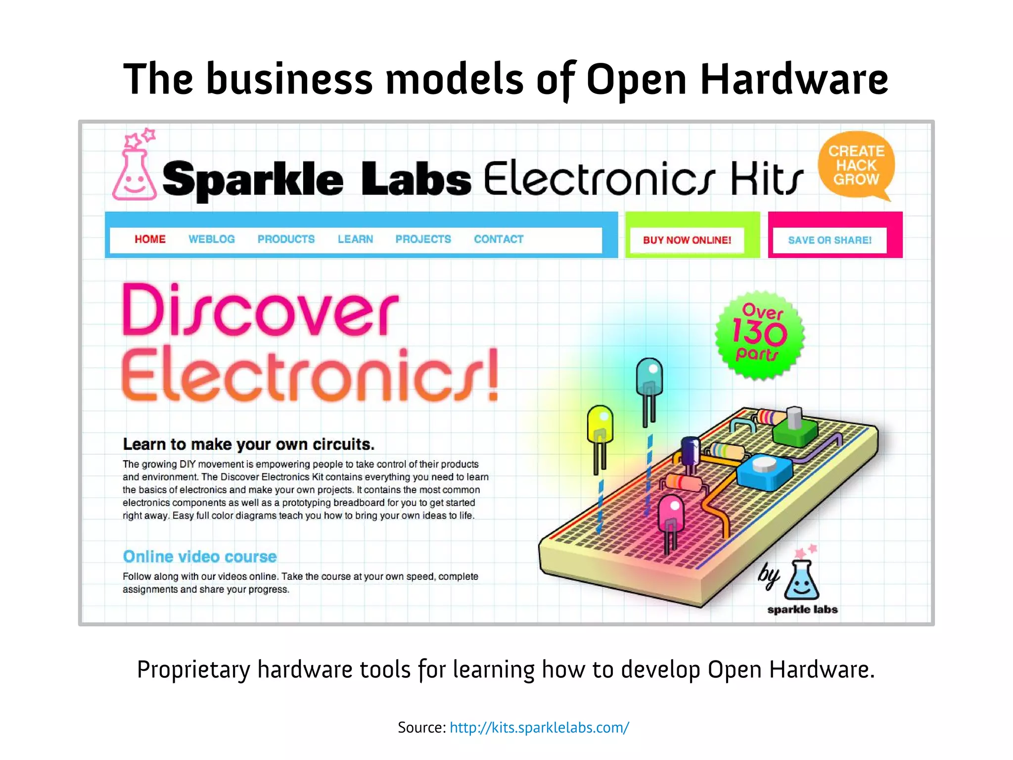 The business models of Open Hardware
Source: http://kits.sparklelabs.com/
Proprietary hardware tools for learning how to develop Open Hardware.
 