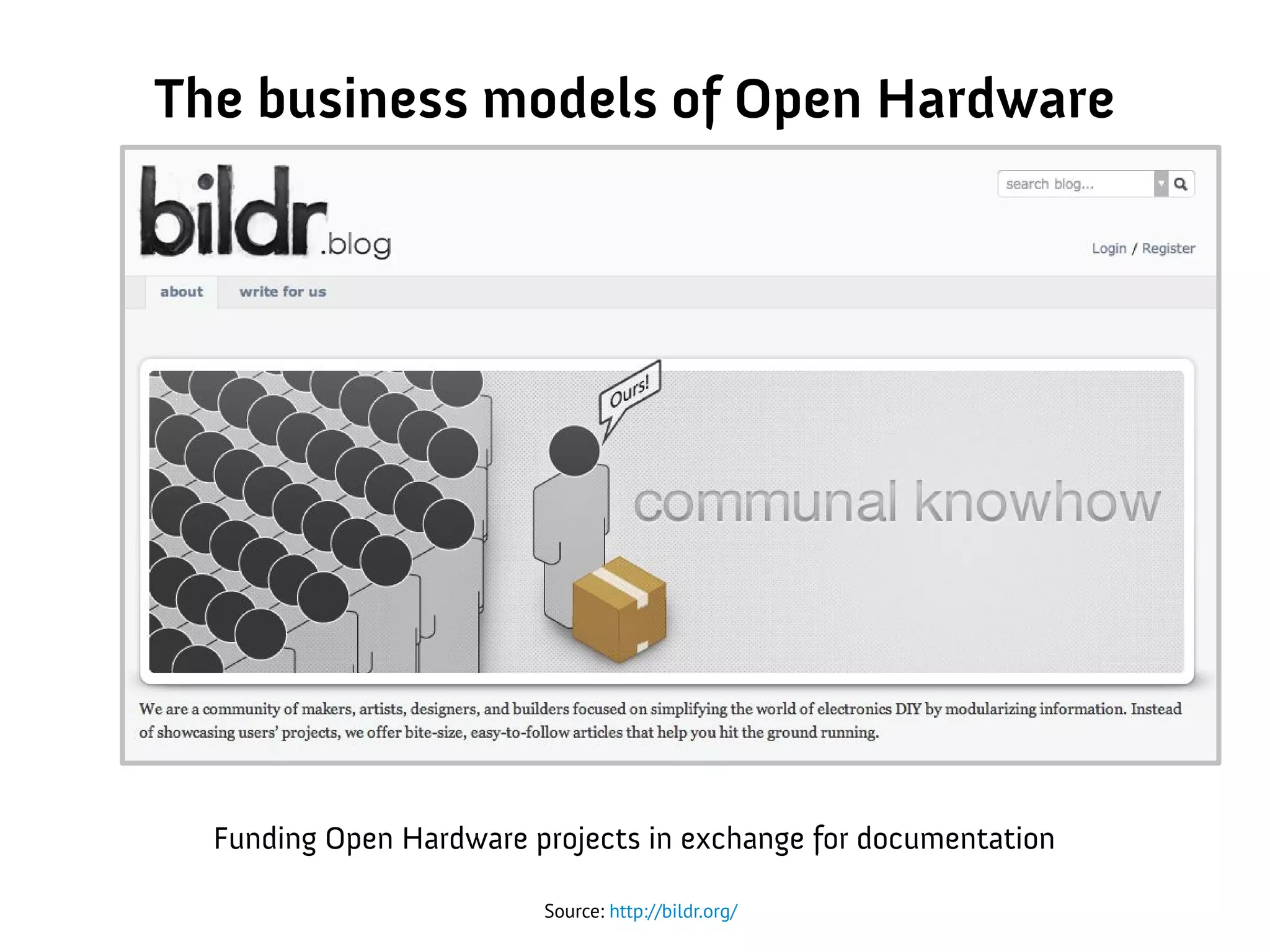 The business models of Open Hardware
Source: http://bildr.org/
Funding Open Hardware projects in exchange for documentation
 