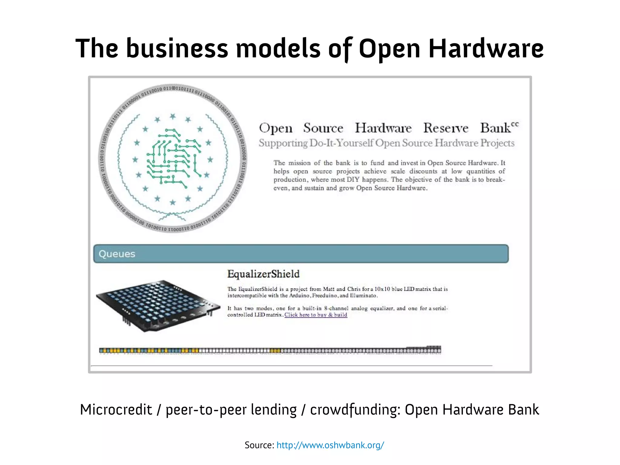 The business models of Open Hardware
Source: http://www.oshwbank.org/
Microcredit / peer-to-peer lending / crowdfunding: Open Hardware Bank
 