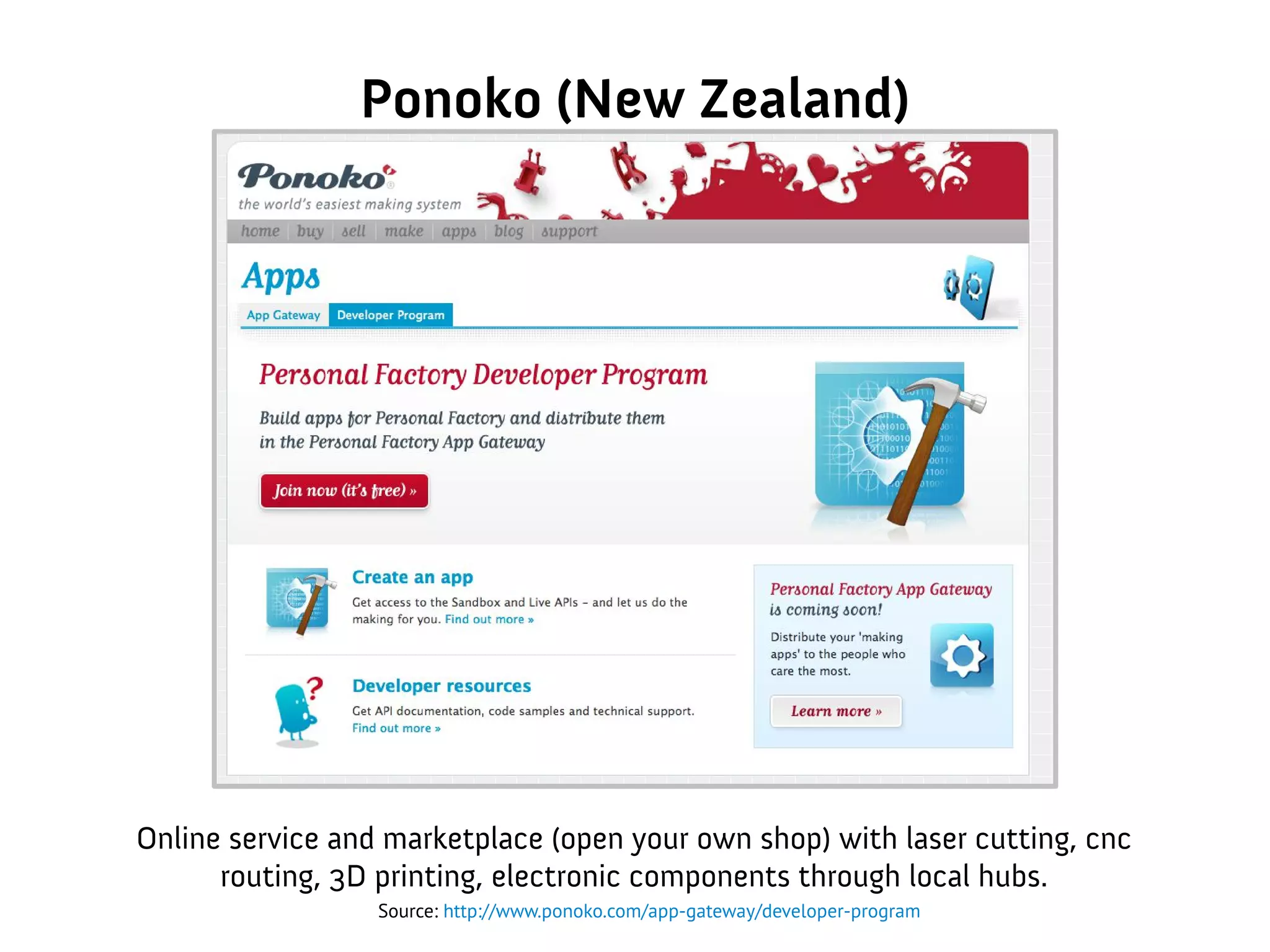 Ponoko (New Zealand)
Online service and marketplace (open your own shop) with laser cutting, cnc
routing, 3D printing, electronic components through local hubs.
Source: http://www.ponoko.com/app-gateway/developer-program
 