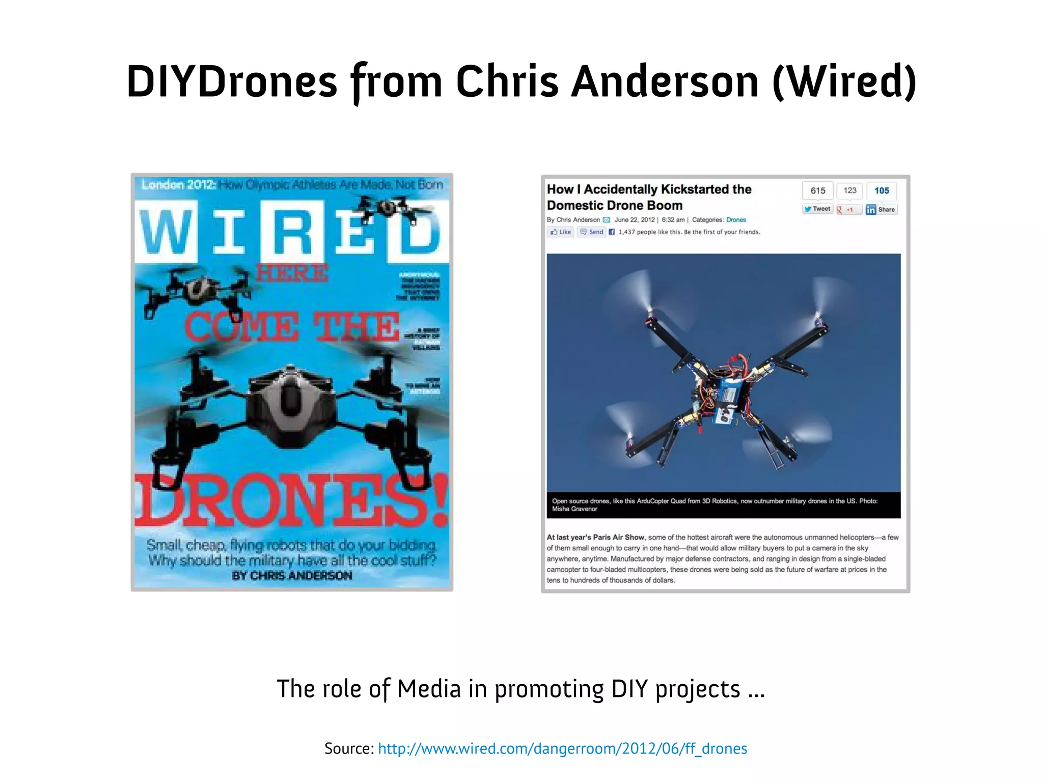 DIYDrones from Chris Anderson (Wired)
The role of Media in promoting DIY projects ...
Source: http://www.wired.com/dangerroom/2012/06/ff_drones
 