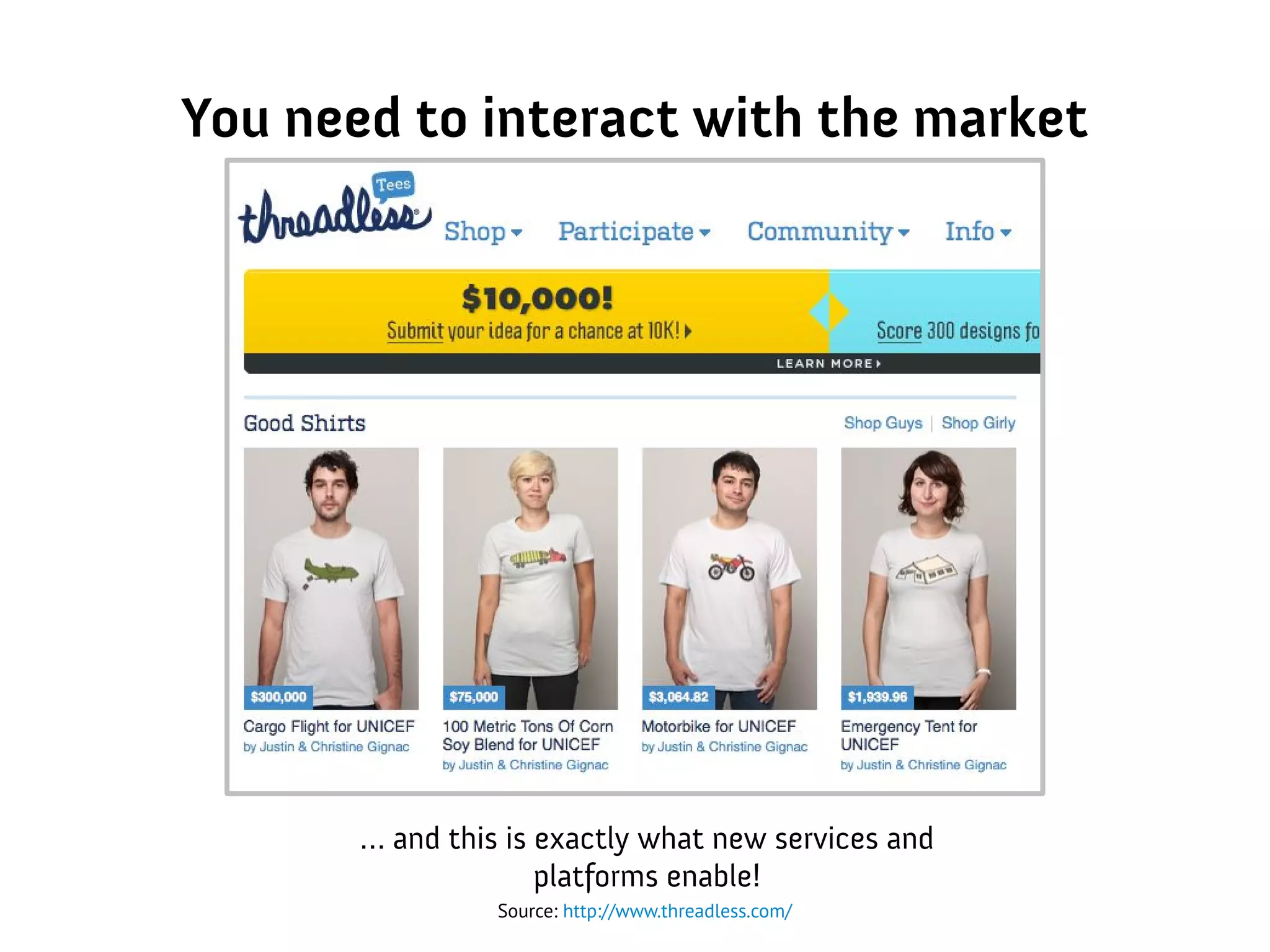You need to interact with the market
… and this is exactly what new services and
platforms enable!
Source: http://www.threadless.com/
 