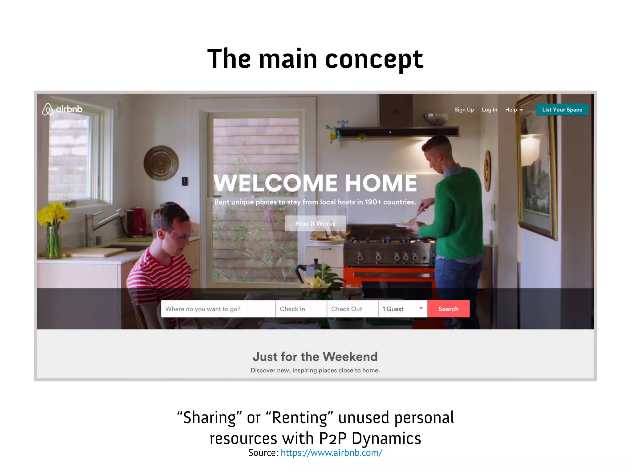 The main concept
“Sharing” or “Renting” unused personal
resources with P2P Dynamics
Source: https://www.airbnb.com/
 