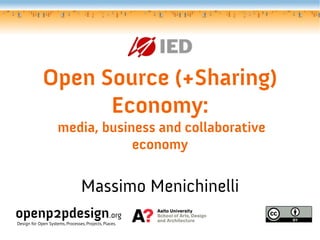 Open Source (+Sharing)
Economy:
media, business and collaborative
economy
Massimo Menichinelli
openp2pdesign.org
Design for Open Systems, Processes, Projects, Places.
 