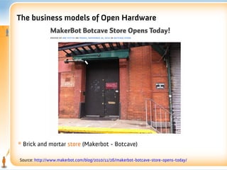 The business models of Open Hardware




* Brick and mortar store (Makerbot - Botcave)

Source: http://www.makerbot.com/blog/2010/11/26/makerbot-botcave-store-opens-today/
 
