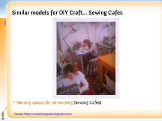 Similar models for DIY Craft... Sewing Cafes




* Renting spaces for co-working (Sewing Cafes)

Source: http://sweatshopparis.blogspot.com/
 