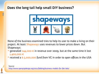 Does the long tail help small DIY business?




None of the business examined tries to help its user to make a living on their
project. At least Shapeways uses revenues to lower prices down. But
Shapeways:
* generated 244,000 € in revenue over 2009, but at the same time it lost
  1,400,000 €
* received a $ 5,000,000 fund from VC in order to open offices in the USA


Source:
http://www.openp2pdesign.org/2011/fabbing/business-models-for-fab-labs/
 