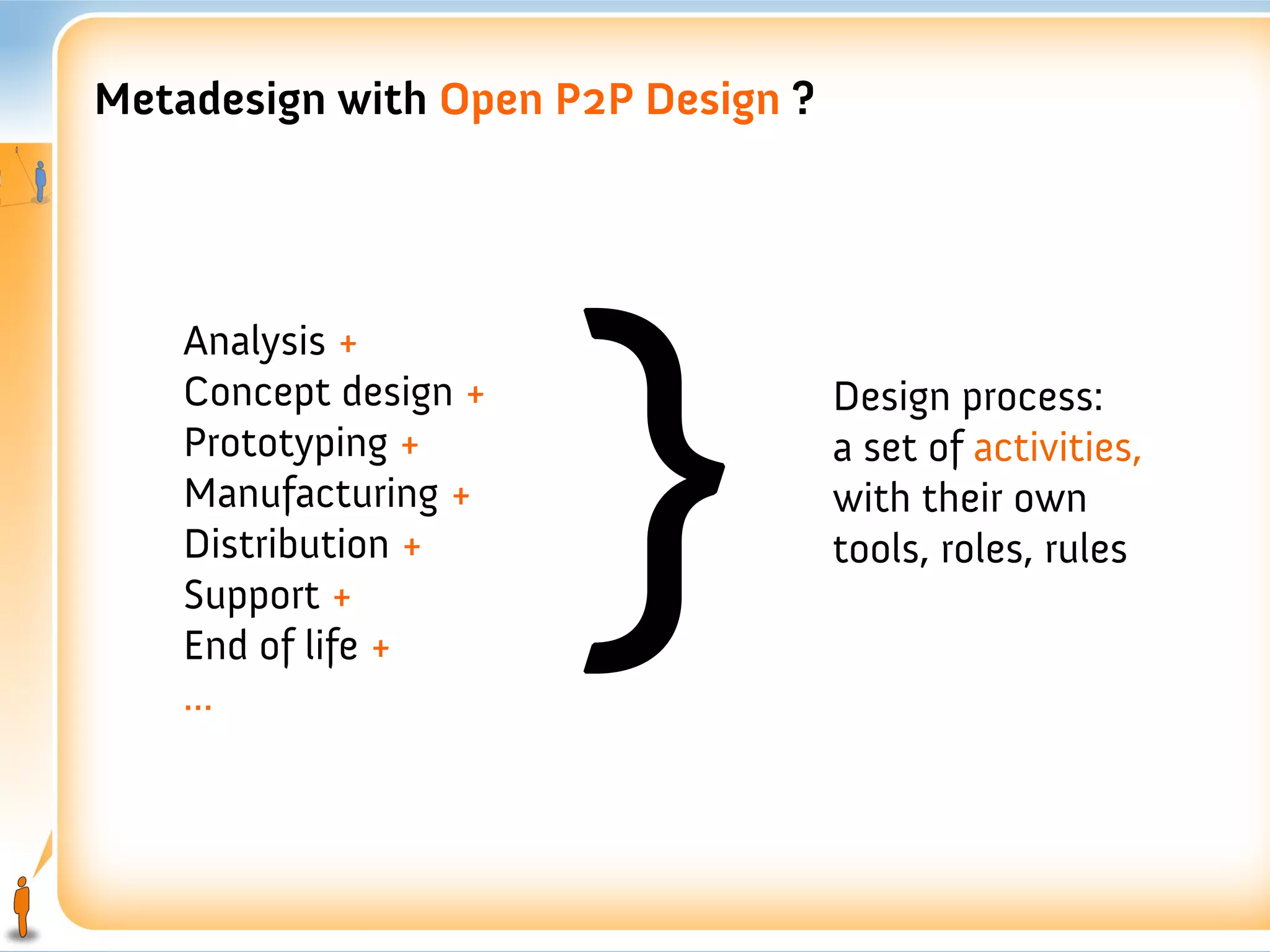 Metadesign with Open P2P Design ?




                       }
    Analysis +
    Concept design +                Design process:
    Prototyping +                   a set of activities,
    Manufacturing +                 with their own
    Distribution +                  tools, roles, rules
    Support +
    End of life +
    ...
 