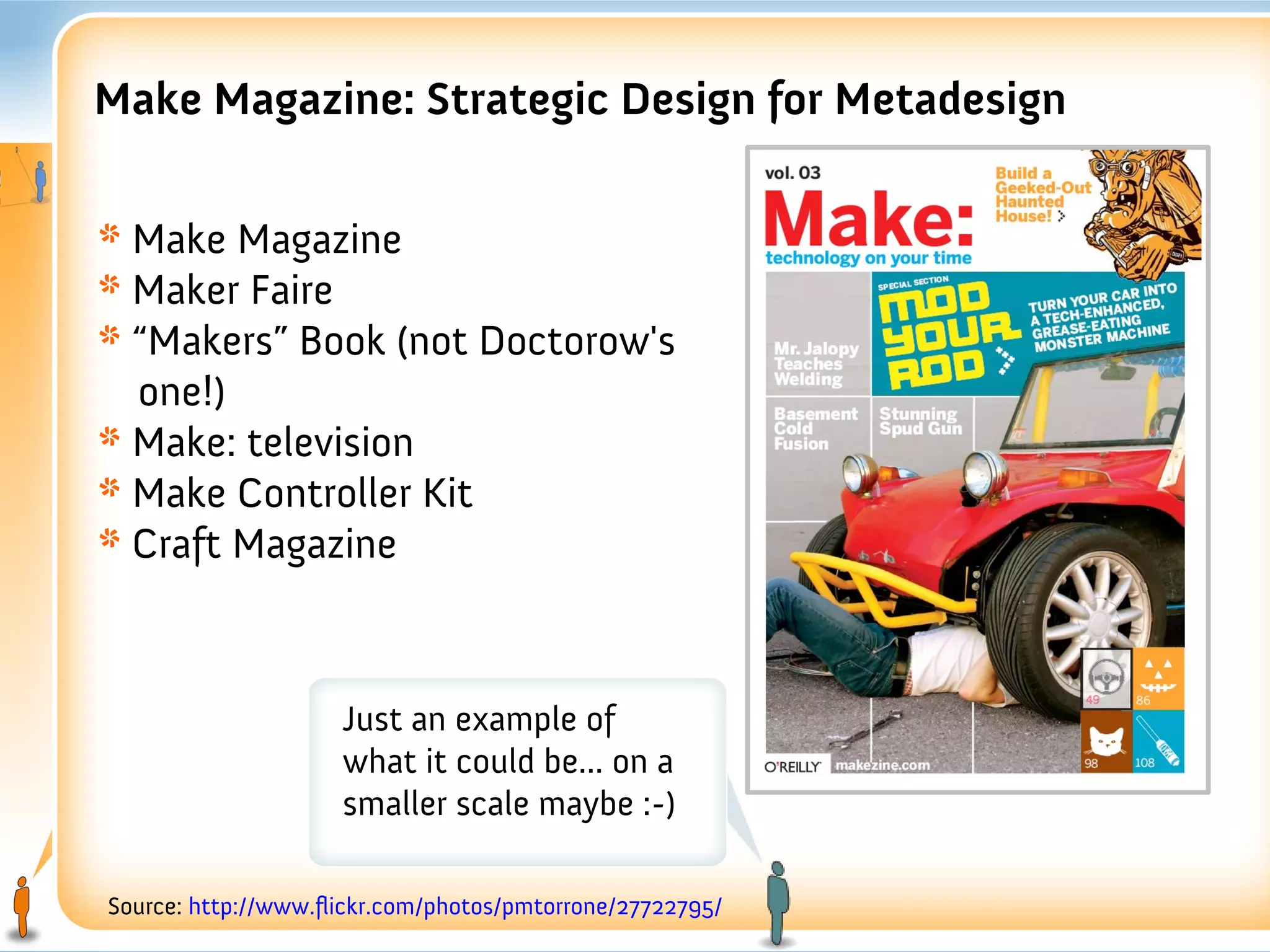 Make Magazine: Strategic Design for Metadesign


* Make Magazine
* Maker Faire
* “Makers” Book (not Doctorow's
  one!)
* Make: television
* Make Controller Kit
* Craft Magazine



                     Just an example of
                     what it could be... on a
                     smaller scale maybe :-)

Source: http://www.flickr.com/photos/pmtorrone/27722795/
 
