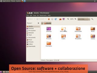Open Source: software + collaborazione
         Fonte: http://commons.wikimedia.org/wiki/File:Ubuntu_10.04_LTS.png
 