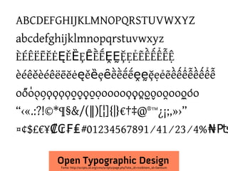 ABCDEFGHIJKLMNOPQRSTUVWXYZ
abcdefghijklmnopqrstuvwxyz
ÈÉÊËĒĔĖĘĚȄȨȆḔḖḘḚḜẸẺẼỀẾỂỄỆ
èéêěèéêëēĕėęěȅȩȇḕḕḗḗḙḛḝẹẻẽềếểễềếểễ
oőo̍o̖o̗o̘o̙o̜o̹o̝o̞o̟o̠ọoooooǫ̩o̪o̫o̬oo̯ooo̼o̒o
   ̊                            ̧               ̱
“‹«.:?!©*¶§&/(‖)[¦]{|}€†‡@®™¿¡;,»›”
¤¢$£€¥₡₢₣₤#01234567891⁄41⁄23⁄4%₦₧

         Open Typographic Design
          Fonte: http://scripts.sil.org/cms/scripts/page.php?site_id=nrsi&item_id=Gentium
 