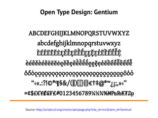 Open Type Design: Gentium


   ABCDEFGHIJKLMNOPQRSTUVWXYZ
       abcdefghijklmnopqrstuvwxyz
       ÈÉÊËĒĔĖĘĚȄȨȆḔḖḘḚḜẸẺẼỀẾỂ...