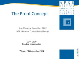 The Proof Concept
1
Ing. Massimo Borriello – APRE
NCP (National Contact Point) Energy
2014-2020
Funding opportunities
Trieste, 26 September 2014
 