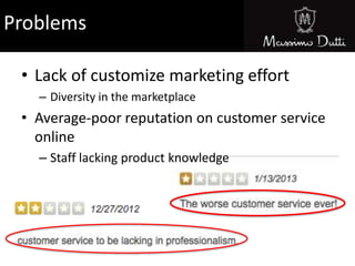 Problems
• Lack of customize marketing effort
– Diversity in the marketplace
• Average-poor reputation on customer service
online
– Staff lacking product knowledge
 