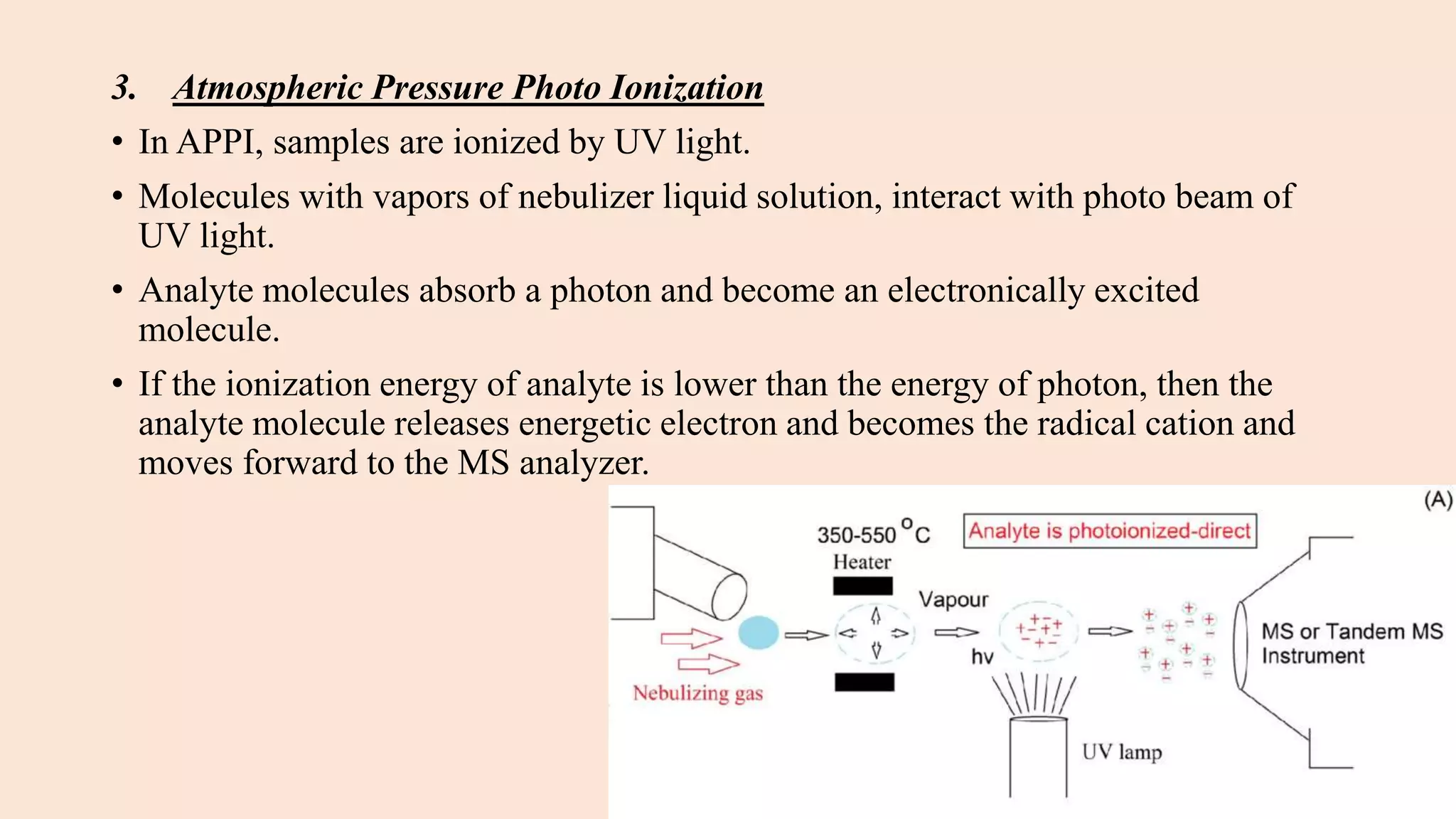 3. Atmospheric Pressure Photo Ionization
• In APPI, samples are ionized by UV light.
• Molecules with vapors of nebulizer liquid solution, interact with photo beam of
UV light.
• Analyte molecules absorb a photon and become an electronically excited
molecule.
• If the ionization energy of analyte is lower than the energy of photon, then the
analyte molecule releases energetic electron and becomes the radical cation and
moves forward to the MS analyzer.
 