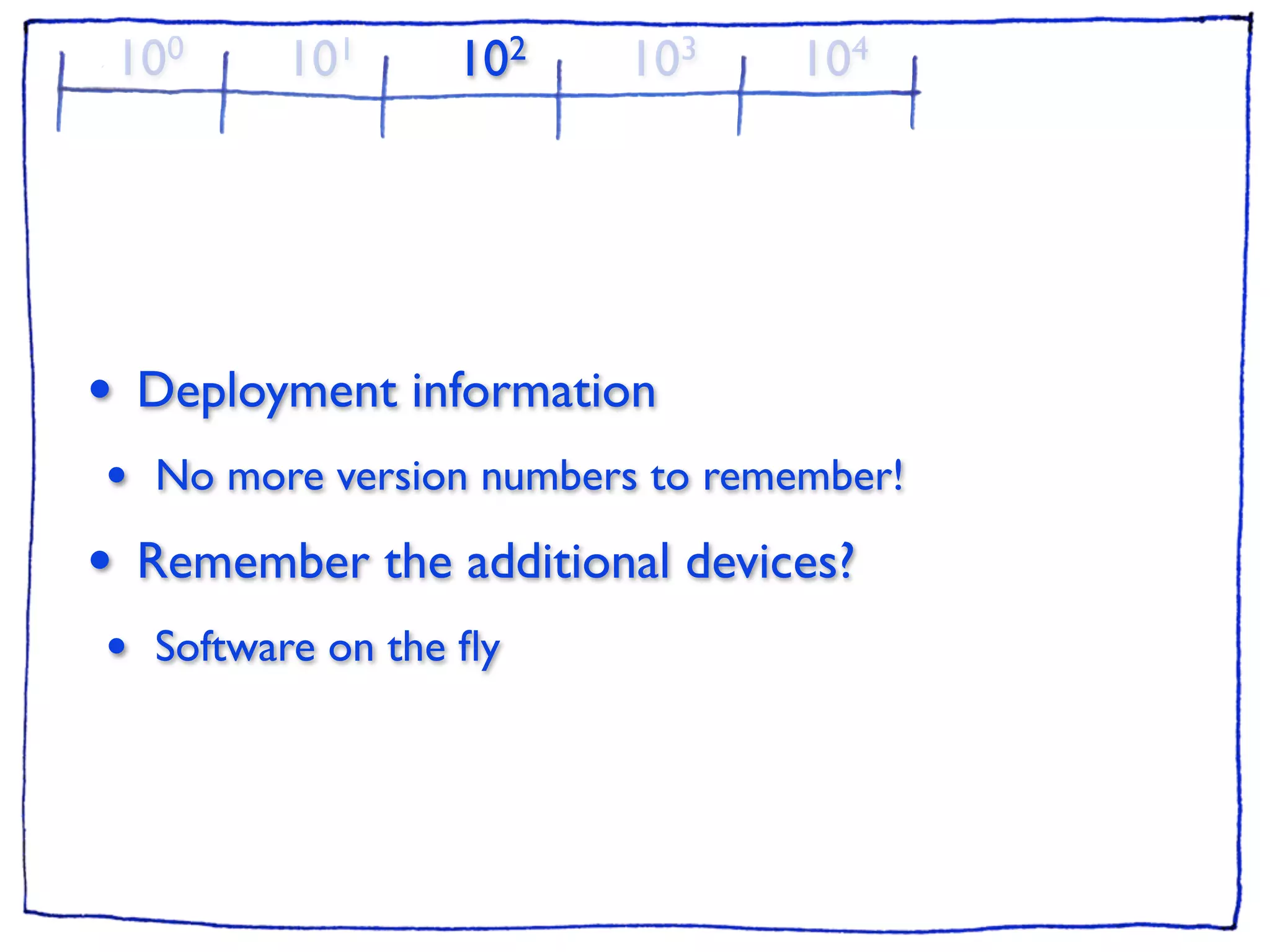 10 0    101      102    103     104




•    Deployment information
•     No more version numbers to remember!

•    Remember the additional devices?
•     Software on the ﬂy
 