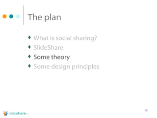 The plan What is social sharing? SlideShare   Some theory  Some design principles 