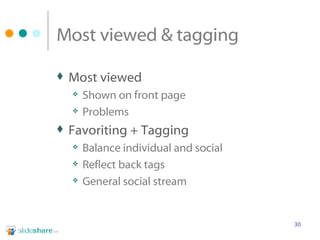 Most viewed & tagging Most viewed Shown on front page Problems Favoriting + Tagging Balance individual and social Reflect back tags General social stream 