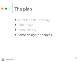 The plan What is social sharing? SlideShare Some theory  Some design principles 