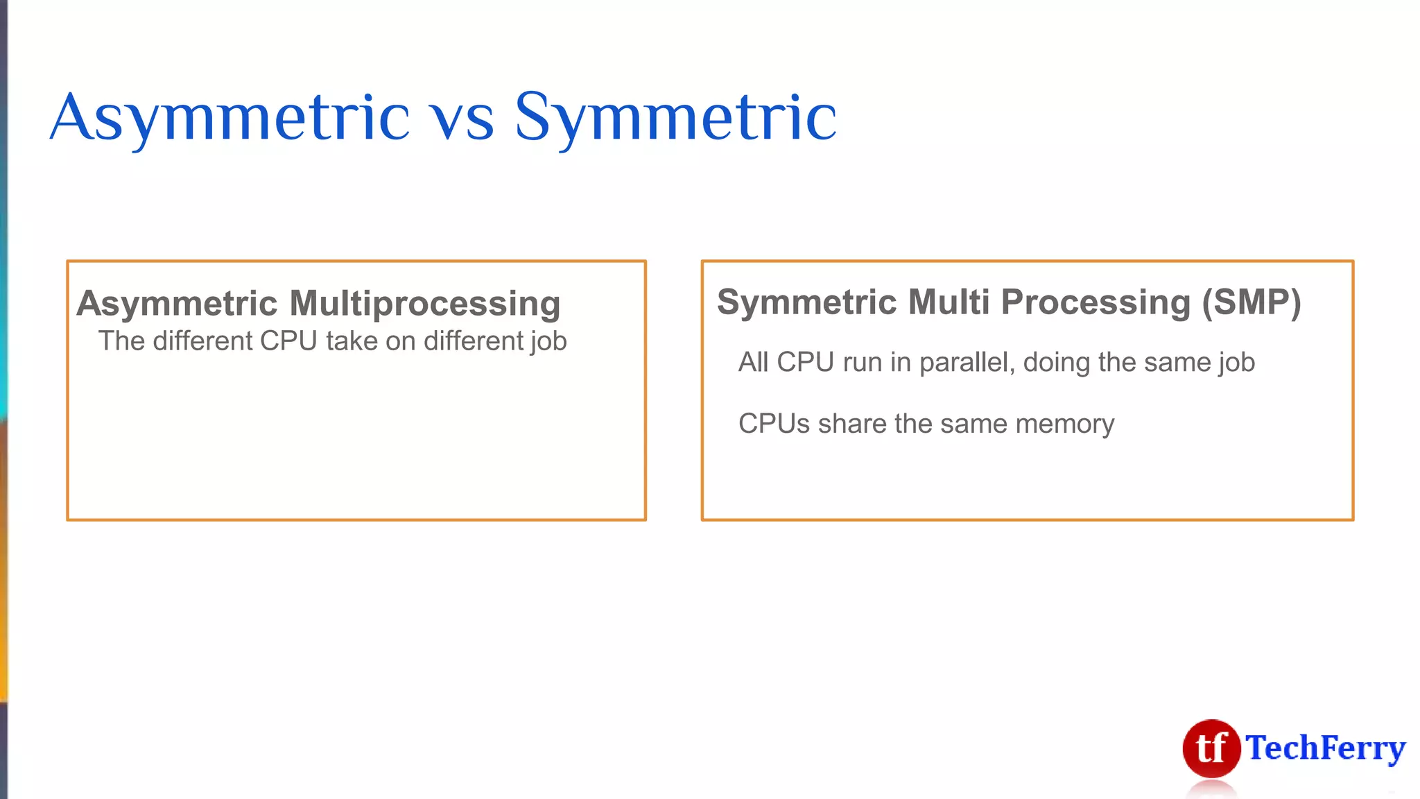 Asymmetric vs Symmetric
Asymmetric Multiprocessing
The different CPU take on different job
Symmetric Multi Processing (SMP)
All CPU run in parallel, doing the same job
CPUs share the same memory
 