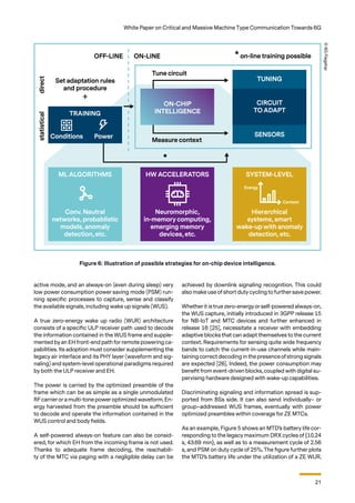 21
White Paper on Critical and Massive Machine Type Communication Towards 6G
active mode, and an always-on (even during sleep) very
low power consumption power saving mode (PSM) run-
ning specific processes to capture, sense and classify
the available signals, including wake up signals (WUS).
A true zero-energy wake up radio (WUR) architecture
consists of a specific ULP receiver path used to decode
the information contained in the WUS frame and supple-
mented by an EH front-end path for remote powering ca-
pabilities. Its adoption must consider supplementing the
legacy air interface and its PHY layer (waveform and sig-
naling) and system-level operational paradigms required
by both the ULP receiver and EH.
The power is carried by the optimized preamble of the
frame which can be as simple as a single unmodulated
RFcarrierora multi-tone poweroptimized waveform. En-
ergy harvested from the preamble should be sufficient
to decode and operate the information contained in the
WUS control and body fields.
A self-powered always-on feature can also be consid-
ered, for which EH from the incoming frame is not used.
Thanks to adequate frame decoding, the reachabili-
ty of the MTC via paging with a negligible delay can be
achieved by downlink signaling recognition. This could
also make use of short duty cycling to furthersave power.
Whether it is true zero-energyorself-powered always-on,
the WUS capture, initially introduced in 3GPP release 15
for NB-IoT and MTC devices and further enhanced in
release 16 [25], necessitate a receiver with embedding
adaptive blocks that can adapt themselves to the current
context. Requirements for sensing quite wide frequency
bands to catch the current-in-use channels while main-
taining correctdecoding in the presenceofstrong signals
are expected [26]. Indeed, the power consumption may
benefit from event-driven blocks, coupled with digital su-
pervising hardware designed with wake-up capabilities.
Discriminating signaling and information spread is sup-
ported from BSs side. It can also send individually– or
group–addressed WUS frames, eventually with power
optimized preambles within coverage for ZE MTCs.
As an example, Figure 5 shows an MTD’s battery life cor-
responding to the legacy maximum DRX cycles of {10.24
s, 43.69 min}, as well as to a measurement cycle of 2.56
s, and PSM on duty cycle of 25%. The figure further plots
the MTD’s battery life under the utilization of a ZE WUR.
Figure 6: Illustration of possible strategies for on-chip device intelligence.
©
6G
Flagship
 