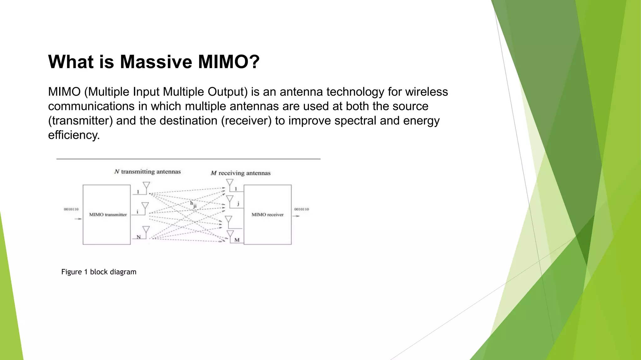 What is Massive MIMO?
MIMO (Multiple Input Multiple Output) is an antenna technology for wireless
communications in which multiple antennas are used at both the source
(transmitter) and the destination (receiver) to improve spectral and energy
efficiency.
Figure 1 block diagram
 