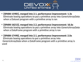 © 2017 IBM Corporation
64
●
[SPARK-15985], merged into 2.1, performance improvement: 1.3x
Eliminate boxing operations to put a primitive array into GenericArrayData
when a Dataset program with a primitive array is ran
●
[SPARK-16213], merged into 2.2, performance improvement: 16.6x
Eliminate boxing operations to put a primitive array into GenericArrayData
when a DataFrame program with a primitive array is ran
●
[SPARK-17490], merged into 2.1, performance improvement: 2.0x
Eliminate boxing operations to put a primitive array into
GenericArrayData when a DataFrame program with a primitive array is
used
 