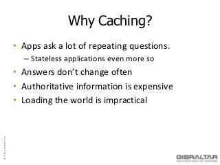 Why Caching?
               • Apps ask a lot of repeating questions.
                 – Stateless applications even more so
               • Answers don’t change often
               • Authoritative information is expensive
               • Loading the world is impractical
© eSymmetrix
 