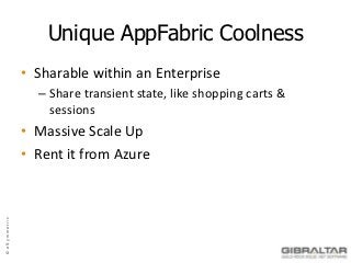 Unique AppFabric Coolness
               • Sharable within an Enterprise
                 – Share transient state, like shopping carts &
                   sessions
               • Massive Scale Up
               • Rent it from Azure
© eSymmetrix
 