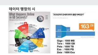 데이터 팽창의 시
대
Giga : 1000 MB
Tera : 1000 GB
Peta : 1000 TB
Exa : 1000 PB
Zeta : 1000 Exa
 