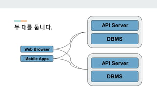 두 대를 둡니다.
DBMS
API Server
Web Browser
Mobile Apps
DBMS
API Server
 