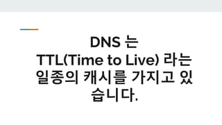 DNS 는
TTL(Time to Live) 라는
일종의 캐시를 가지고 있
습니다.
 