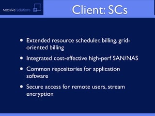 Massive Solutions
                                 Client: SCs

          • Extended resource scheduler, billing, grid-
              oriented billing
          • Integrated cost-effective high-perf SAN/NAS
          • Common repositories for application
              software
          • Secure access for remote users, stream
              encryption
 