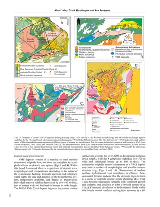Deposit-scale Environments 
Alan Galley, Mark Hannington and Ian Jonasson 
VMS deposits consist of a massive to semi massive 
stratabound sulphide lens, and most are underlain by a sul-phide- 
silicate stockwork vein system (Figs.1 and 4). Within 
this broad framework there is a spectrum of deposit sizes, 
morphologies and compositions, depending on the nature of 
the synvolcanic faulting, footwall and host-rock lithology, 
water depth, the size and duration of the hydrothermal sys-tem, 
temperature gradients, and degree of preservation. 
Individual massive sulphide lenses can be over 100 m thick, 
tens of meters wide and hundreds of meters in strike length. 
The 148 Mt Kidd Creek deposit begins at the present erosion 
surface and extends for over 2000 m downplunge (original 
strike length), with the 5 composite orebodies over 500 m 
wide and individual lenses up to 100 m thick. The 
stratabound sulphide mound component of a VMS deposit 
may have a number of morphologies and variable internal 
structure (e.g., Figs. 1 and 18). Observations of modern 
seafloor hydrothermal vent complexes in effusive, flow-dominated 
terranes indicate that the deposits begin to form 
as a series of sulphide-silicate-sulfate chimneys (Fig. 18a). 
These become structurally unstable with continued growth 
and collapse, and coalesce to form a breccia mound (Fig. 
18b,c). Continued circulation of hydrothermal fluids within 
this breccia mound results in sealing from seawater by a sil- 
12 
FIG. 17. Examples of clusters of VMS deposits defining a mining camp. These include: A) the Archean Noranda camp, with 14 bimodal-mafic type deposits 
underlain by the Flavrian-Powell subvolcanic intrusion (Santaguida, 1994); B) the Paleoproterozoic Flin Flin district with 17 VMS deposits hosted within a 
series of block-bounded terranes representing different stages of oceanic arc development. For this reason the district contains a wide variety of VMS types 
(Syme and Bailes, 1993; Galley and Jonasson, 2003); C) the Paleoproterozoic Snow Lake camp with two subvolcanic intrusions (Sneath Lake and Richard 
Lake) involved in two separate hydrothermal events that formed 8 bimodal-mafic deposits (modified from Bailes and Galley, 1999); and D) the Ordovician 
Bathurst camp with 35 deposits dominated by the bimodal-siliciclastic deposit type (modified from van Staal, 2003). 
 