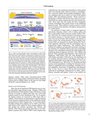 VMS Synthesis 
Japanese islands. Other mafic siliciclastic-hosted VMS 
deposits occur along modern sedimented seafloor spreading 
systems such as Middle Valley, on the Juan de Fuca Ridge 
off the BC coast (Goodfellow et al., 1999). 
District-scale Environments 
Most, but not all significant VMS deposits occur in clus-ters 
that define major mining camps. Sangster (1980) used 
the distribution of VMS deposits within well-known mining 
districts in Canada to indicate that there was a first-order 
regional control on their distribution (Fig. 12). In general, 
the deposit clusters are restricted to either linear rifts or 
calderas. These features are generated by a regional thinning 
of the basement, depressurization of the underlying mantle, 
and generation of mafic magmas (Fig. 13). In ocean spread-ing- 
ridge settings these magmas rise to within a few thou-sand 
meters of the seafloor to form elongate gabbroic sills 
that parallel the seafloor spreading axes (Stinton and 
Detrick, 1992). Where pre-existing ocean-floor or arc litho-sphere 
is present, these 1000 to 1400°C mafic magmas may 
underplate the crust, producing intermediate to felsic partial 
melts and bimodal mafic intrusive/extrusive assemblages. 
The associated gabbro-diorite-tonalite-trondhjemite intru-sive 
complexes may rise to within 2 to 3 km of the seafloor 
(Galley, 2003, and references therein). Where extension is 
taking place in thicker (20-30 km) crust, such as in a conti-nental 
back-arc setting, magmas may form mid-crustal intru-sions. 
These melts may not intrude into their comagmatic 
volcanic assemblages but instead remain in the underlying 
basement rocks. These different scenarios result in various 
forms of district-scale alteration and deposit characteristics 
for a VMS district. 
The presence of either mafic or composite high-level 
subvolcanic intrusions within a rift or caldera setting will 
drive a sub-seafloor fluid convection system (Galley, 1993; 
Alt, 1995) (Fig 14). Connate seawater in the porous crust is 
first heated, causing it to become buoyant. As this heated 
water rises up synvolcanic fault structures, cold seawater is 
drawn in above the cooling intrusion. These originally cold, 
neutral fluids are progressively heated during their down-ward 
migration, interacting with the surrounding rocks at 
progressively higher temperatures. The isotherms above 
cooling sill complexes are generally horizontal, resulting in 
the formation of a stratified, district-scale semi-conformable 
alteration zone controlled in extent by the strike length of the 
underlying intrusion (Spooner and Fyfe, 1973; Munha and 
Kerrich, 1980; Lagerblad and Gorbatchev; 1985; Gibson and 
Watkinson, 1990; Galley, 1993; Alt, 1995; Brauhart et al., 
1998; Bailes and Galley, 1999) (Fig.14). The distribution of 
the resulting alteration mineral assemblages mimic that of 
regional metamorphic facies (Spooner and Fyfe, 1973, Alt, 
1995; Hannington et al., 2003) (Fig. 15). Hydrothermal fluid 
reaction zones immediately overlying the intrusions can be 
altered to amphibolite facies assemblages, including Fe-Ca-rich 
amphibole, clinozoisite, Ca-plagioclase, and magnetite 
(Fig. 15; Fig. 16a, b, c). Above this are Na-Ca-rich green-schist- 
facies assemblages characterized by albite, quartz, 
chlorite, actinolite and epidote. Closer to the seafloor are 
9 
FIG. 11. There are three principal tectonic environments in which VMS 
deposits form, each representing a stage in the formation of the earth's 
crust. TOP: Early earth evolution was dominated by mantle plume activity 
during which numerous incipient rift events formed basins characterized 
by early ocean crust in the form of primitive basalts and/or komatiites, fol-lowed 
by siliciclastic infill and associated Fe-formation and mafic-ultra-mafic 
sills. In the Phanerozoic similar types of incipient rifts formed dur-ing 
transpressional, post accretion arc rifting (Windy Craggy). MIDDLE: 
The formation of true ocean basins was associated with the development of 
ocean spreading centers along which mafic-dominated VMS deposits 
formed. The development of subduction zones resulted in oceanic arc for-mation 
with associated extensional domains in which bimodal-mafic, 
bimodal-felsic and mafic-dominated VMS deposits formed. BOTTOM: 
The formation of mature arc and ocean-continent subduction fronts result-ed 
in successor arc and continental volcanic arc assemblages that host most 
of the felsic-dominated and bimodal siliciclastic deposits. 
FIG. 12. A same-scale comparison of selected VMS districts. A 5 km diam-eter 
circle around each deposit shows the hypothetical area of influence of 
proximal-scale alteration about each deposit, all encircled by a dashed line 
defining the proposed extent of a regional-scale alteration system for each 
camp based on the presence of known felsic volcanic formations. In effect, 
the Noranda example corresponds closely to the observed alteration. 
Modified from Sangster (1980). 
 