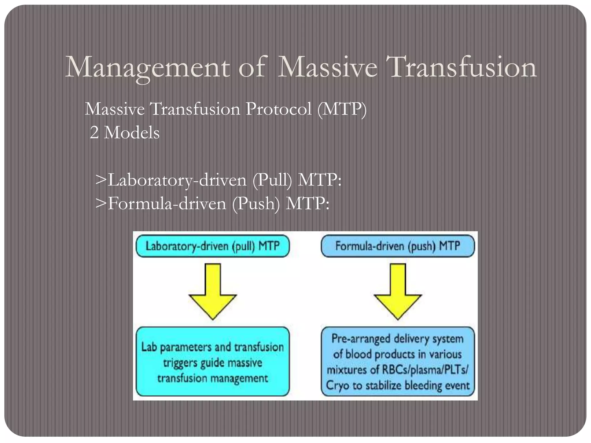 Management of Massive Transfusion
Massive Transfusion Protocol (MTP)
2 Models
>Laboratory-driven (Pull) MTP:
>Formula-driven (Push) MTP:
 