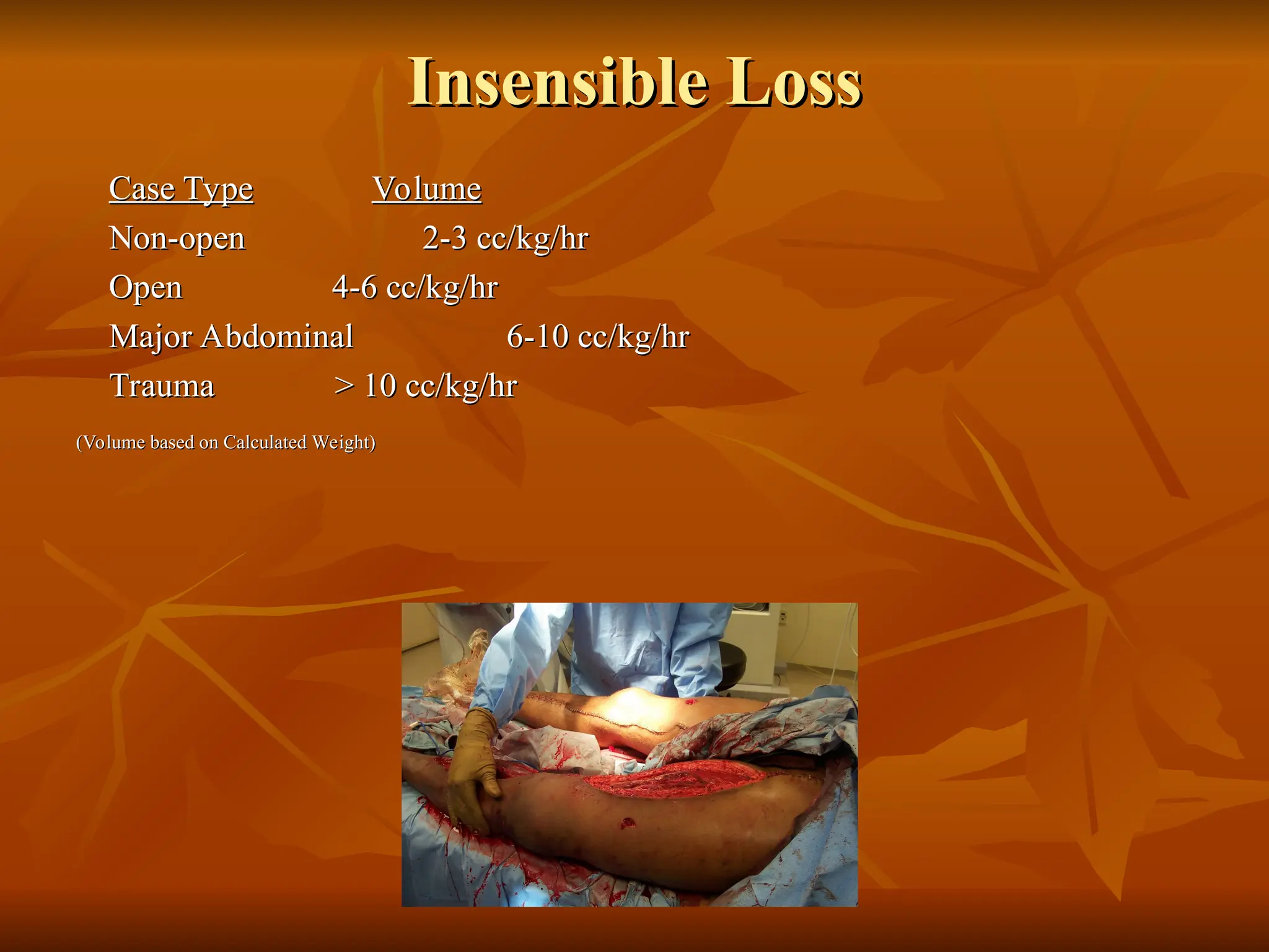 Insensible Loss
Insensible Loss
Case Type
Case Type Volume
Volume
Non-open
Non-open 2-3 cc/kg/hr
2-3 cc/kg/hr
Open
Open 4-6 cc/kg/hr
4-6 cc/kg/hr
Major Abdominal 6-10 cc/kg/hr
Major Abdominal 6-10 cc/kg/hr
Trauma
Trauma > 10 cc/kg/hr
> 10 cc/kg/hr
(Volume based on Calculated Weight)
(Volume based on Calculated Weight)
 