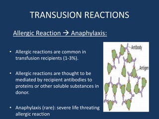 TRANSUSION REACTIONS
Allergic Reaction  Anaphylaxis:
• Allergic reactions are common in
transfusion recipients (1-3%).
• Allergic reactions are thought to be
mediated by recipient antibodies to
proteins or other soluble substances in
donor.
• Anaphylaxis (rare): severe life threating
allergic reaction
 