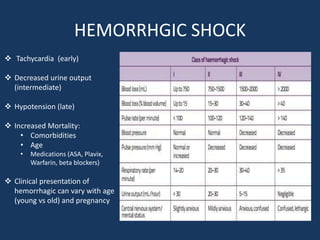 HEMORRHGIC SHOCK
 Tachycardia (early)
 Decreased urine output
(intermediate)
 Hypotension (late)
 Increased Mortality:
• Comorbidities
• Age
• Medications (ASA, Plavix,
Warfarin, beta blockers)
 Clinical presentation of
hemorrhagic can vary with age
(young vs old) and pregnancy
 