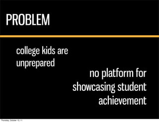 PROBLEM
                 college kids are
                 unprepared
                                        no platform ...