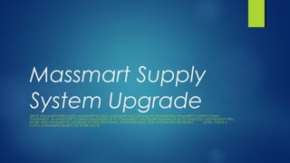 Massmart Supply
System UpgradeSINCE WALMART PURCHASED MASSMART IN 2010, MASSMART HAS STRUGGLED TO MAINTAIN WALMART’S SUPPLY CHAIN
STANDARDS. IN AN EFFORT TO BRING MASSMART UP TO STANDARDS, MASSMART INFORMATION TECHNOLOGY DEPARTMENT WILL
WORK WITH WALMART TO UPGRADE TO RFID TRACKING, SCANNING SKUS, AND AUTOMATED REORDERS NOTE: THIS IS A
CLASS ASSIGNMENT BASED ON SOME FACTS.
 